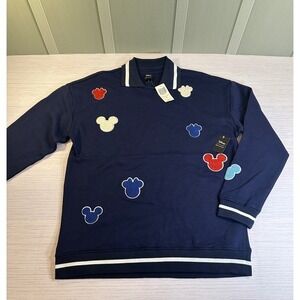 Disney Our Universe Mickey Minnie Mouse Chenille Patch Collared Pullover Navy L